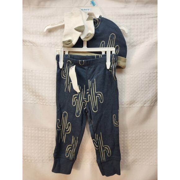 Carters 6 Month 3 Pieces Set Hat Pants Socks Boys Blue Cactus - Picture 1 of 7